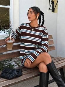SHEIN Glamour Women's Casual Burgundy Striped Top And Drawstring Shorts Two Pieces Set Loungewear, Sportswear Two Pieces Set - Coffee Brown - View 8