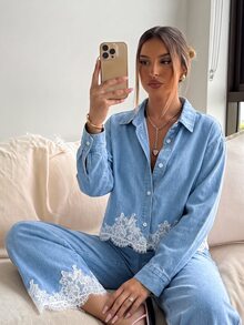 SHEIN MOD Women's Contrast Lace Single-Breasted Shirt And Denim Pants Set - Light Wash - View 6