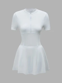 CourtClass CourtClass Women's Solid Color Short Sleeve Zipper Placket Mesh Patchwork Casual Sports Dress - White - View 3