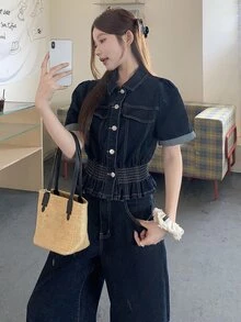 Dazy Tall Women's Short Sleeve Denim Top & Loose Straight Leg Pants Casual Denim Two Pieces Set - Dark Wash - View 6
