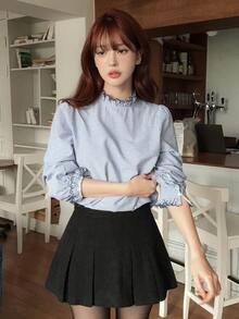 DAZY Striped Loose Pullover Long Sleeve Ruched Ruffle Casual Vacation Korean Style Spring Autumn Blouse For Women - Blue - View 6