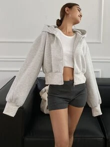 Livesso Tall Women's Hooded Short Casual Sweatshirt - Light Grey - View 3