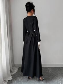 SHEIN Raffinéa فستان طويل أنيق جديد للنساء بتصميم غير متماثل مع رقعات دانتيل وخصر مشدود للتنقل اليومي - الأسود - مشاهدة 2