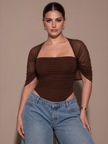 SHEIN BAE CURVE Plus Size Sexy Mesh Ruched Bodysuit For Date And Vacation - Coffee Brown - View 1