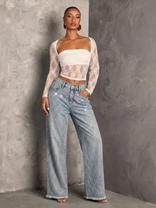 SHEIN MOD Women's Street Style Rhinestone Button Pocket Frayed Hem Jeans - Light Wash - View 3