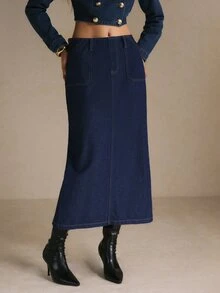 Poéselle 女款高腰牛仔裙，對比縫線配腰帶，修身A字版型 - 深色水洗藍 - 查看 7