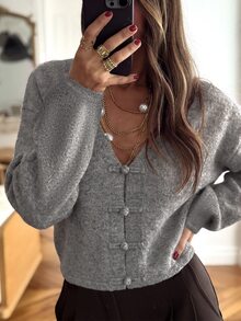 valorelle valorelle Women's V-Neck Chinese Style Front-Button Closure Frog Button Dropped Shoulder Lantern Long Sleeve Short Loose Minimalist Cardigan - Grey - View 1