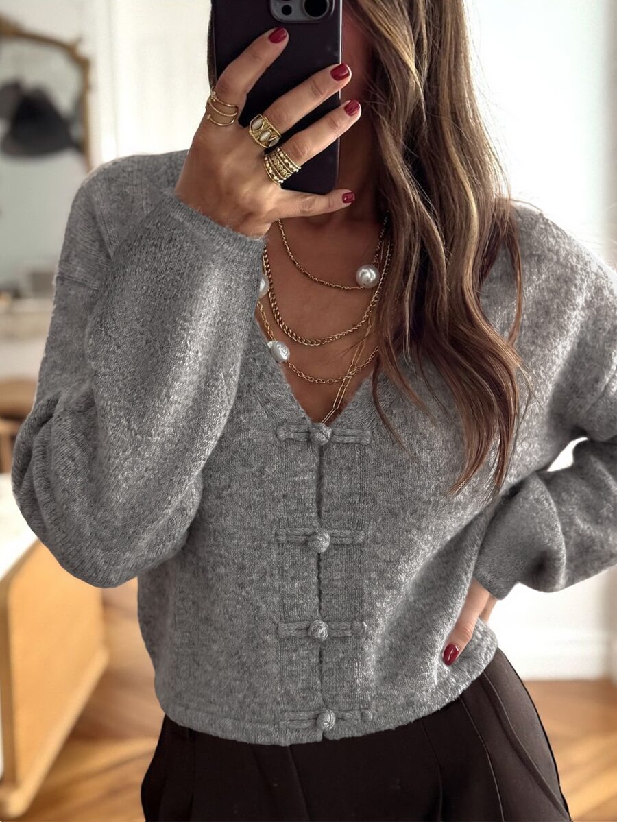 valorelle valorelle Women's V-Neck Chinese Style Front-Button Closure Frog Button Dropped Shoulder Lantern Long Sleeve Short Loose Minimalist Cardigan - Grey - View 1