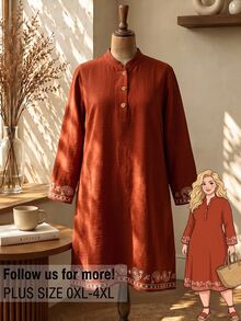 Rusticease Plus Size Women's Paisley Embroidered Cuff Button Design Long Sleeve Casual Dress - Brown - View 1