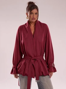 SHEIN BAE 花苞設計收腰休閒日常百搭風衣外套 - 紅色 - 查看 5