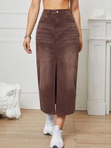 SHEIN EZwear 女款高腰口袋開衩下擺休閒牛仔裙 - 棕色 - 查看 5