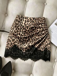 Franclia Sexy Leopard Print Plus Size Mini Skirt, High Waist Side Ruched Asymmetrical Slit Lash Lace Bodycon Skirt, Leopard Print Plus Size Skirt - Brown - View 1
