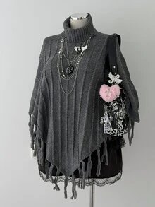 Sunspun Women's Plus Size Dark Tassel High Neck Batwing Sleeve Pullover Sweater - Dark Grey - View 4