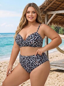 SHEIN CURVE+ Plus Size Women's Summer Beach Leopard Print Sexy Fashion Bikini Two-Piece Swimsuit Set - Multicolor - View 3