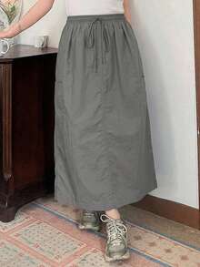 Dazy Plus Solid Color Casual Streetwear Elastic Waist H-Line Straight Long Skirt, Versatile Fall/ Vacation Beach Grey - Dark Grey - View 5