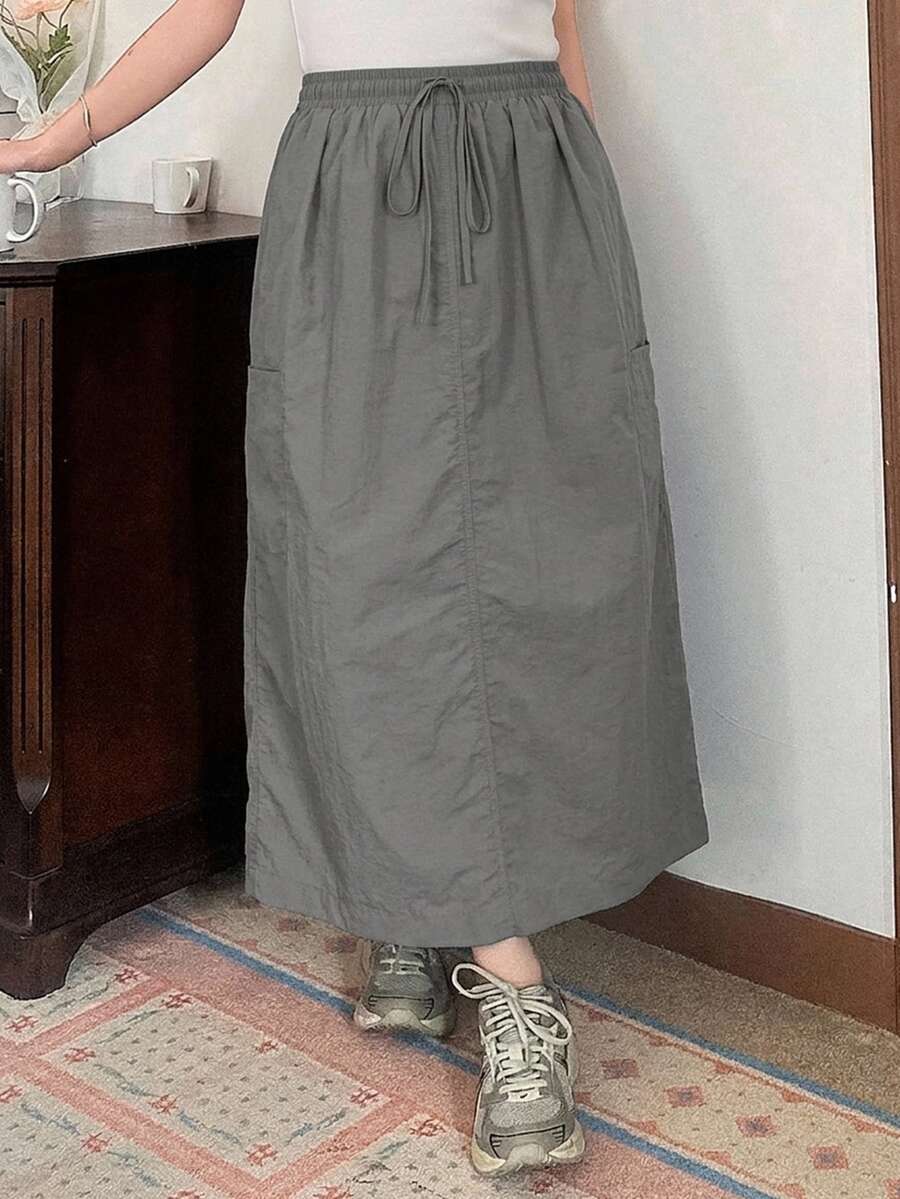 Dazy Plus Solid Color Casual Streetwear Elastic Waist H-Line Straight Long Skirt, Versatile Fall/ Vacation Beach Grey - Dark Grey - View 1