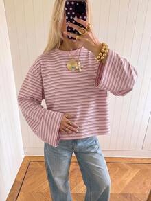 SHEIN EZwear 海外長袖草莓巧克力條紋上衣，秋季上衣，適合日常通勤、聚會、秋冬夏季、聖誕節、新年、感恩節、派對、婚禮、海灘、畢業典禮、優雅、外出、約會、通勤、情人節、優雅、度假、Y2K、畢業典禮及其他場合 - 彩色 - 查看 5