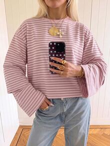 SHEIN EZwear 海外長袖草莓巧克力條紋上衣，秋季上衣，適合日常通勤、聚會、秋冬夏季、聖誕節、新年、感恩節、派對、婚禮、海灘、畢業典禮、優雅、外出、約會、通勤、情人節、優雅、度假、Y2K、畢業典禮及其他場合 - 彩色 - 查看 4