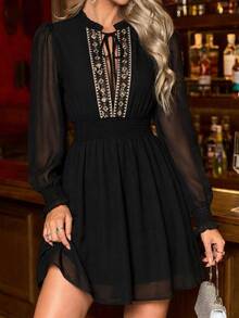 Freevana Floral Embroidery Tie Neck Lantern Sleeve Chiffon Dress - Black - View 4