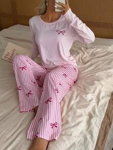 SHEIN Bow Striped Print Fresh Women's Pajama Set Casual Homewear - Pink - View 4