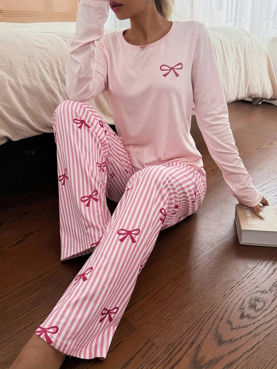 SHEIN Bow Striped Print Fresh Women's Pajama Set Casual Homewear - Pink - View 1