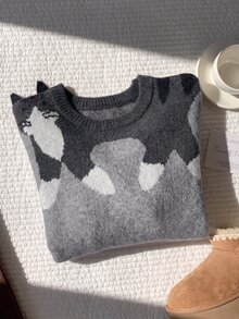 Comfortcana Women's Cute Korean Style Cat Jacquard Long Sleeve Sweater - Grey - View 10