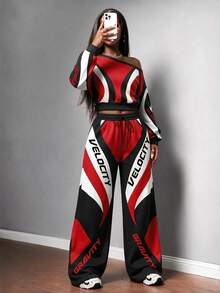 Slaydiva Women's Casual One Shoulder Sweatshirt & Straight Leg Sweatpants Two Pieces Set, Streetwear, Racing Outfit - Multicolor - View 5
