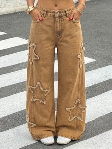 SHEIN MOD Women's Vintage Street Style Applique Embroidery Button Loose Fit Denim Jeans - Khaki - View 3