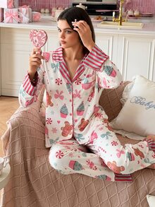 SweetSlumber Young Fashion Leopard Leaf Star Striped Print Lapel Open Front Long Sleeve Pants Pajama Set For Women - Multicolor - View 4