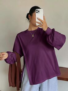 Dazy Plus Small Round Neck Solid Color Casual Versatile Side Slit Design Long Sleeve White Spring Summer Autumn T-Shirt - Purple - View 3