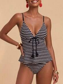 Travachic Women's Summer Beach Striped Sexy Tankini & Triangle Tankini Bottom Two-Piece Swimsuit Set - Black and White - View 4
