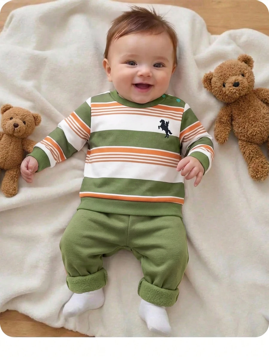 SHEIN Newborn Baby Knight Striped Long Sleeve Sweatshirt And Pants Casual Set - Green - View 1