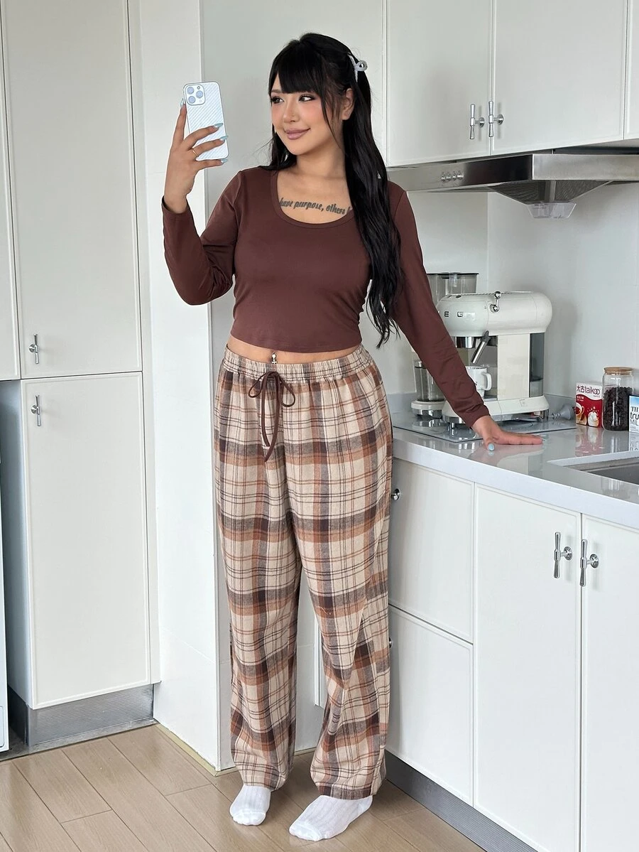 ZzzCrew Plus Size Brown Round Neck Long Sleeve Top & Cotton Blend Comfortable Plaid Pajama Pants Home Wear 2pcs Set - Brown - View 1