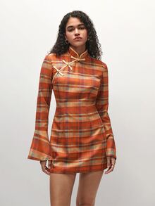 TRNVIE 2026秋季新款女式約會與派對洋裝，現代中式風格橘色格紋旗袍迷你洋裝 - 彩色 - 查看 4