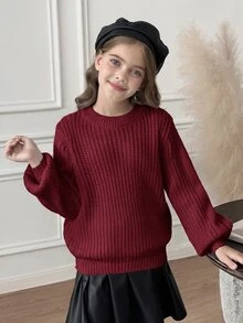 SHEIN 少女純色圓領長袖休閒百搭針織衫 - 紅色 - 查看 6