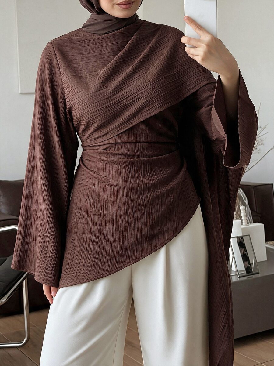 Elenzga 女款大尺碼優雅通勤收腰長袖A字洋裝 - 棕色 - 查看 1