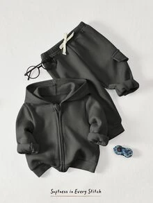 Cozy Pixies 2件組男嬰純色藍色拉鍊連帽衛衣與抽繩長褲套裝 Baby Hoodie Yboy - 灰色 - 查看 3
