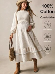Boho Mama Maternity Solid Color Pleated Casual Party Travel Summer Dress - Khaki - View 1