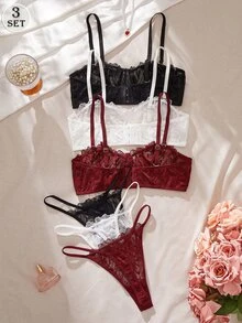 SHEIN مجموعة ملابس داخلية نسائية مثيرة من الدانتيل الأبيض 6 قطع - متعدد الألوان - مشاهدة 2