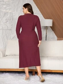 Lacomfia Plus Size Twisted Knit Elegant Minimalist Polar Fleece Dress - Burgundy - View 2