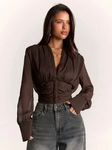 SHEIN BAE Women's Solid Color Deep V-Neck Long Sleeve Ruched Fashion Top - Brown - View 6