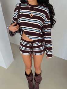 SHEIN Glamour Women's Casual Burgundy Striped Top And Drawstring Shorts Two Pieces Set Loungewear, Sportswear Two Pieces Set - Coffee Brown - View 7
