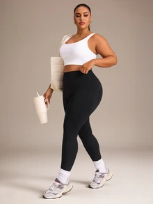 SHEIN Rhythm Era Plus Size Women's Solid Color Casual Daily Wear Sports Tight Leggings - Black - View 1