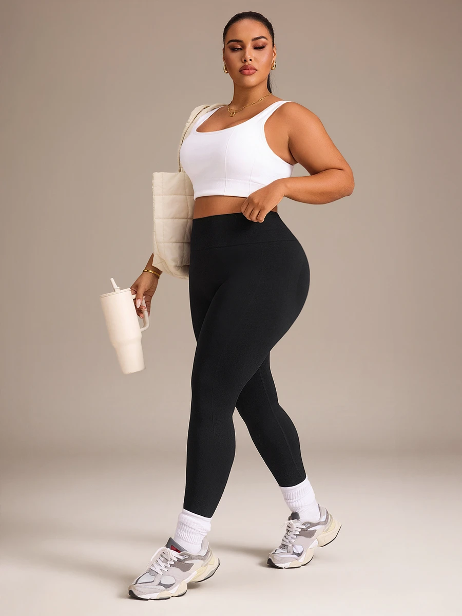 SHEIN Rhythm Era Plus Size Women's Solid Color Casual Daily Wear Sports Tight Leggings - Black - View 1