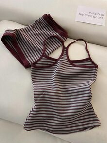 IslaSuriya 新款女款休閒條紋細肩帶上衣與短褲兩件套 - 酒紅色 - 查看 2