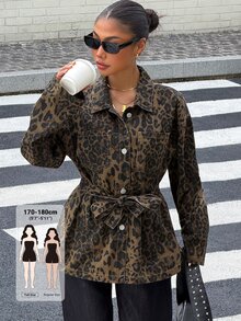Dazy Tall Women's Leopard Print Loose Waist-Cinching Street Casual Denim Jacket - Brown - View 1