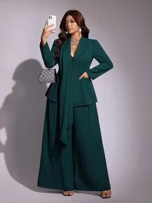Viva Relle Plus Size French Style Casual Cinched Waist Ribbon Blazer & High Waist Straight Leg Trousers Set - Dark Green - View 2