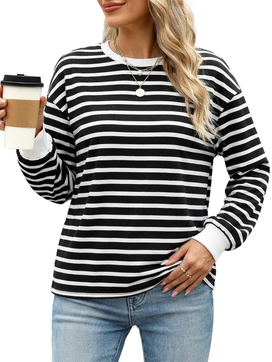 SHEIN LUNE Casual Striped Women's Crew Neck Navy Stripe Versatile Casual Sweatshirt - Multicolor - View 1