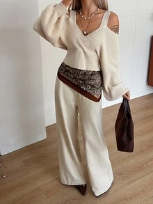 DAZY Autumn/Winter Deep V-Neck Cream White Loose Knit Top With Paisley Print Scarf And Wide Leg Pants, Lazy Street Style Women's Sweater Two Pieces Set - Apricot - View 5