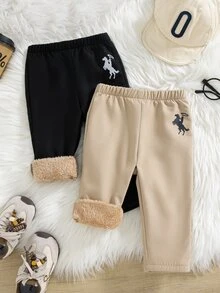 SHEIN Vintaside Kids 2件組男嬰可愛學院風運動衫與慢跑褲套裝，黑色與棕褐色馬匹圖案，毛絨內裡，長袖圓領，加厚戶外秋冬聖誕休閒款 - 彩色 - 查看 6